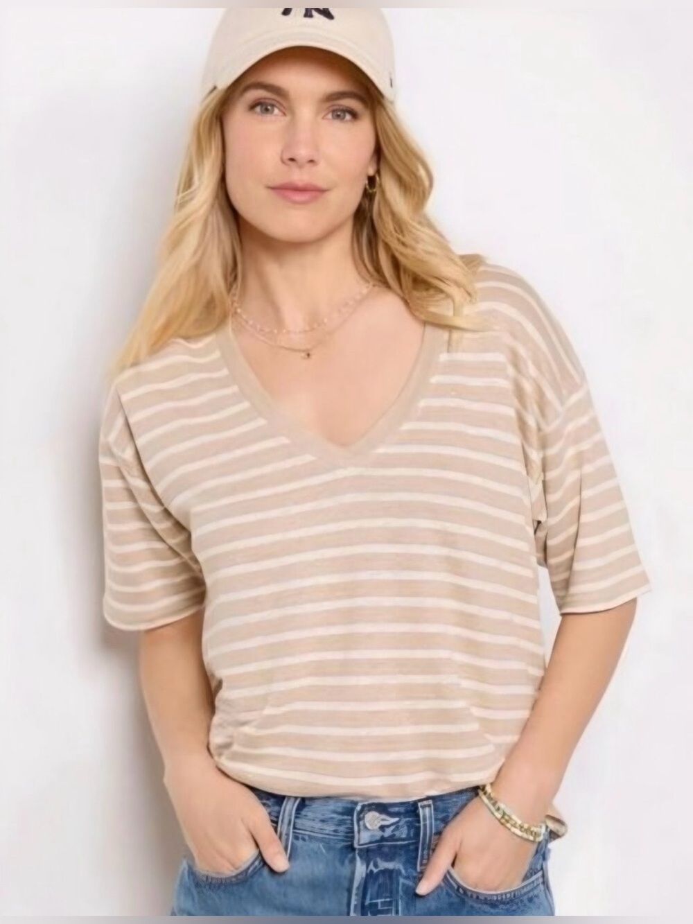 Faherty 100% Linen Beige & White Striped V-Neck Tee Made in Portugal Size S